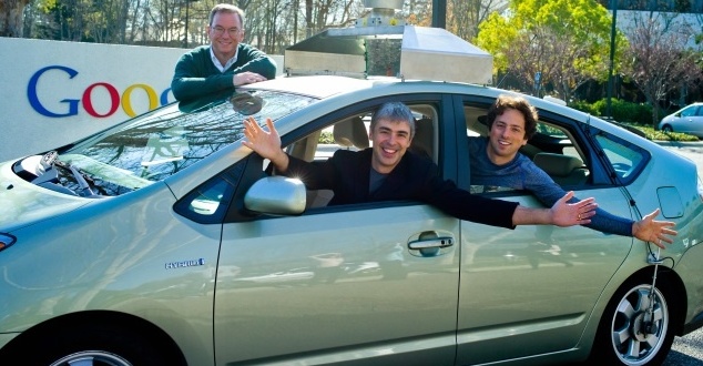 Eric Shmidt, Larry Page and Sergey Brin in a self-driving car on January 20, 2011 (fot. Google)