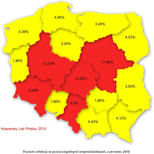 Poziom infekcji w poszczególnych województwach, czerwiec 2010
